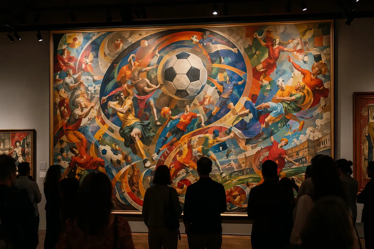 Vibrant World Cup themed fan art exhibition scene, abstract Renaissance painting style mix