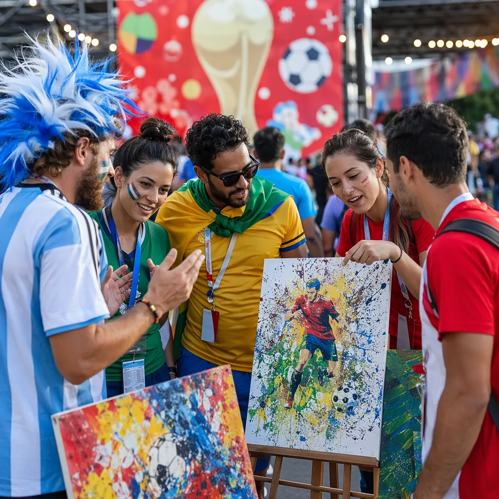 Group of football fans discussing creative art works in a fan zone, lively atmos