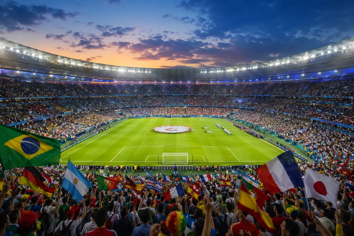 Wide shot of a vibrant international football stadium at dusk, bright floodlights illumina