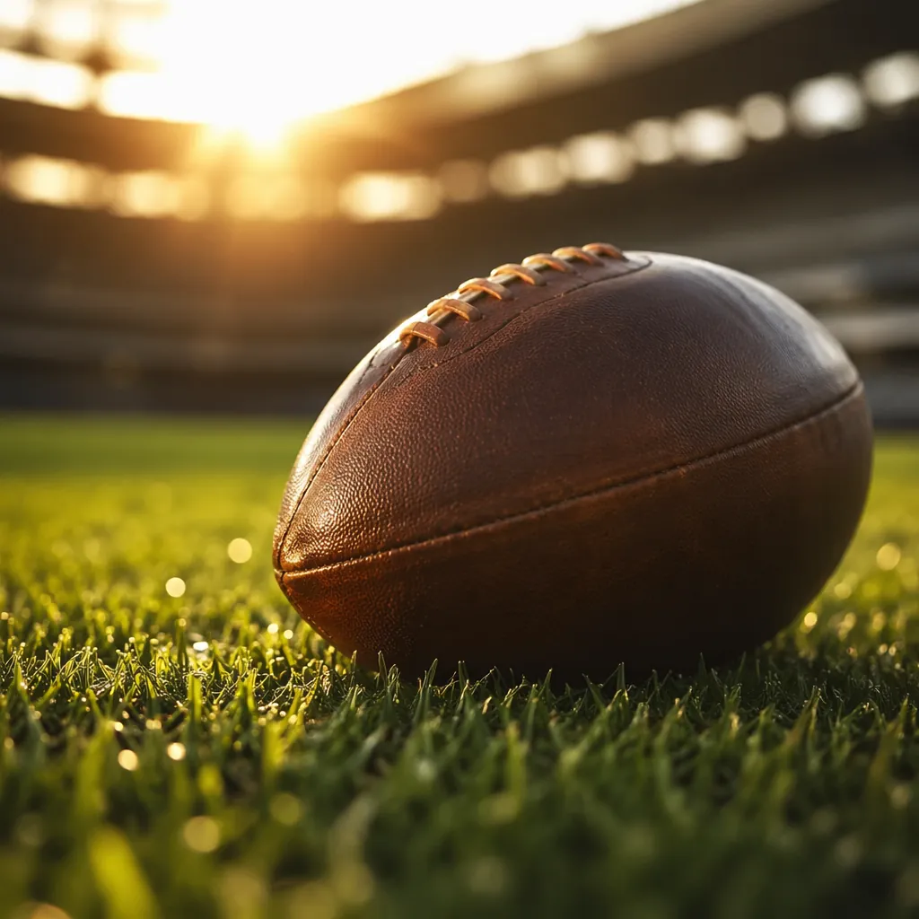 Close up shot of a classic leather football resting on green grass pitch, soft g