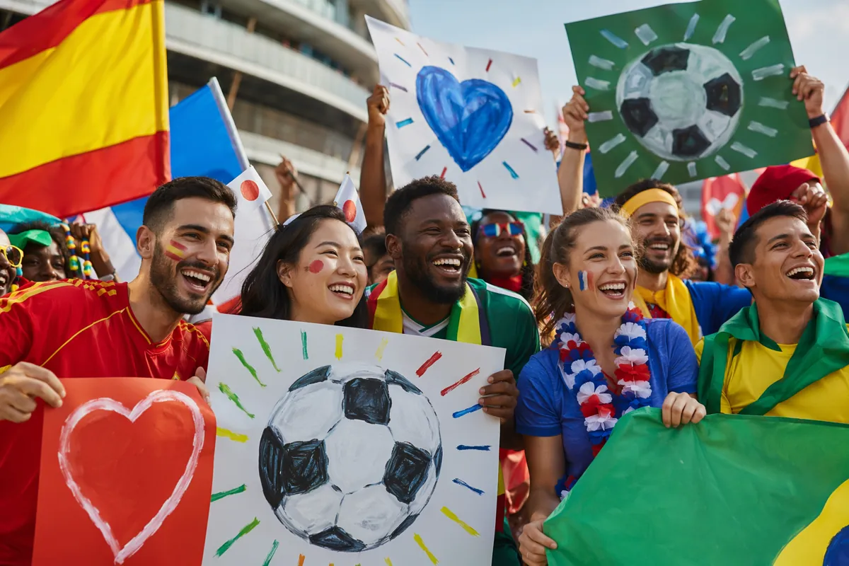 Vibrant pre-World Cup fan gathering scene, group of diverse football fans holding creative
