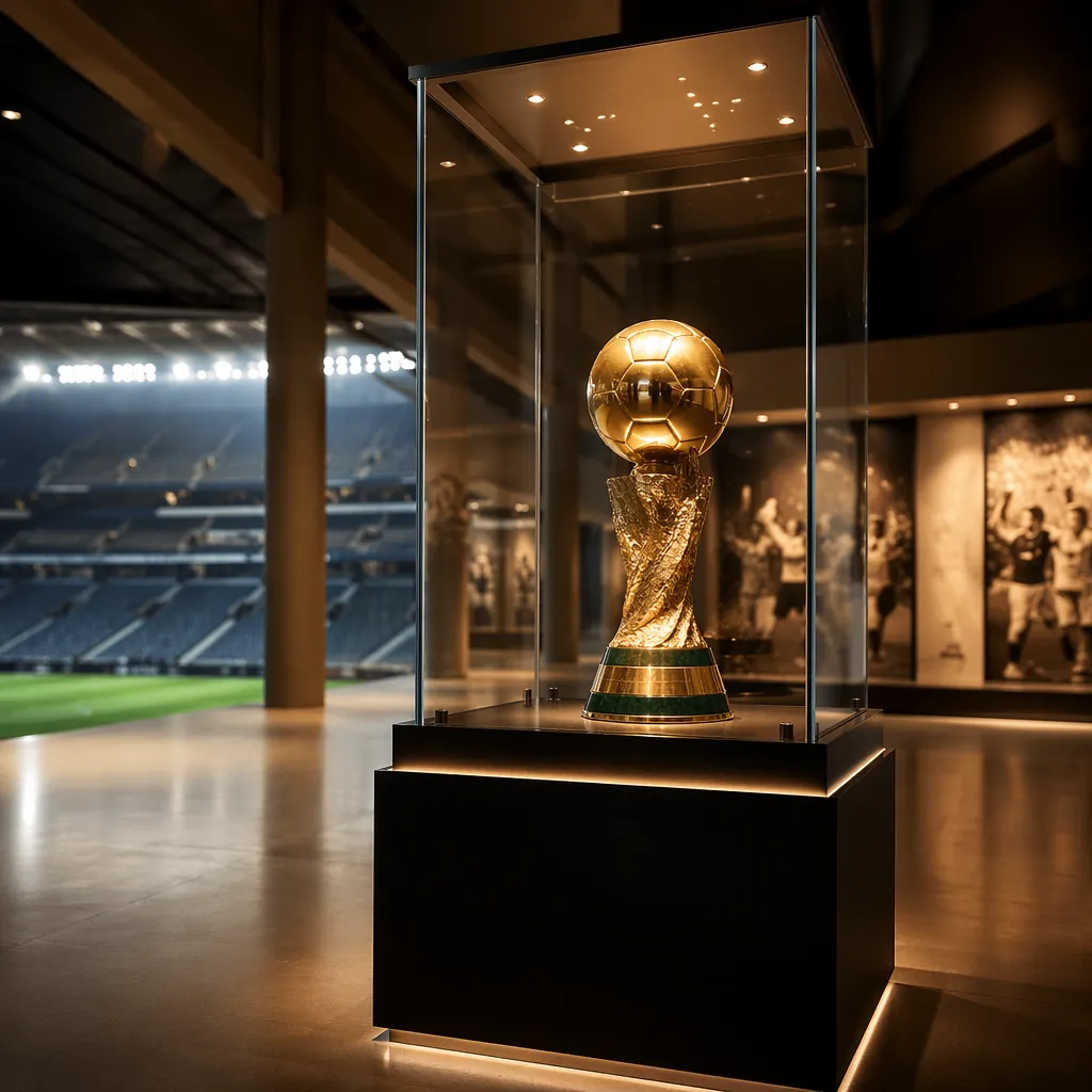 Wide shot of a golden football trophy in glass display case, soft warm lighting,