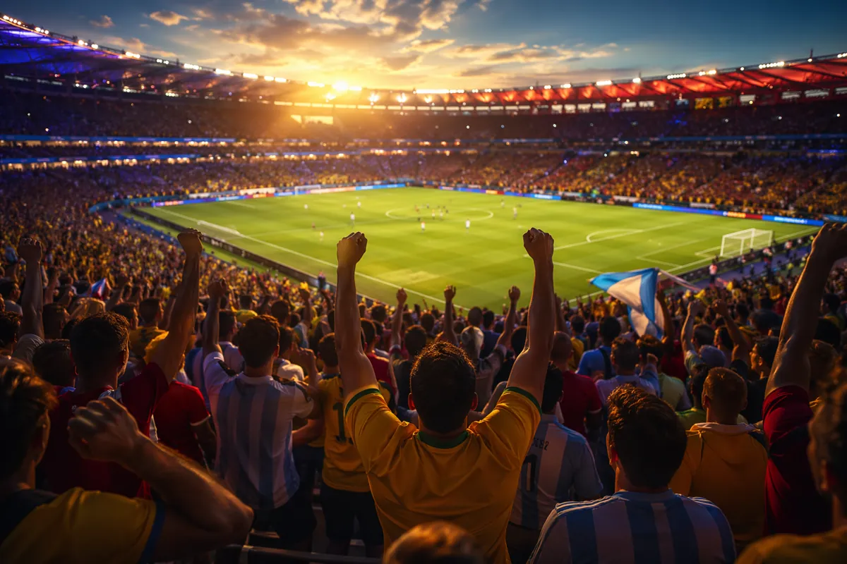 A wide shot of a packed football stadium during golden hour, with vibrant neon lighting il