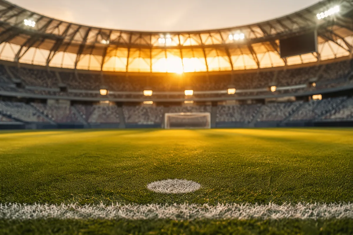 Editorial grade sports news header, football penalty spot in modern world cup stadium, sof