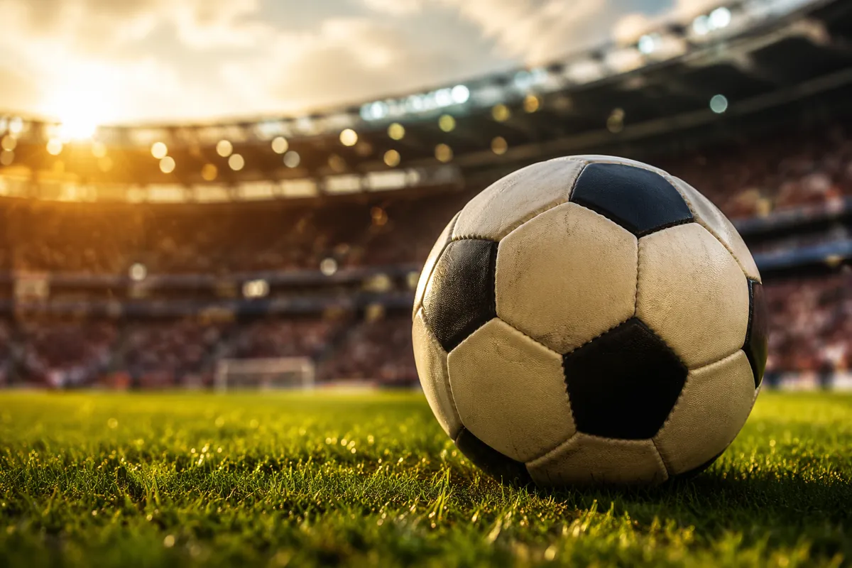 Close-up shot of a football on a green World Cup pitch, with blurred stadium lights and ch