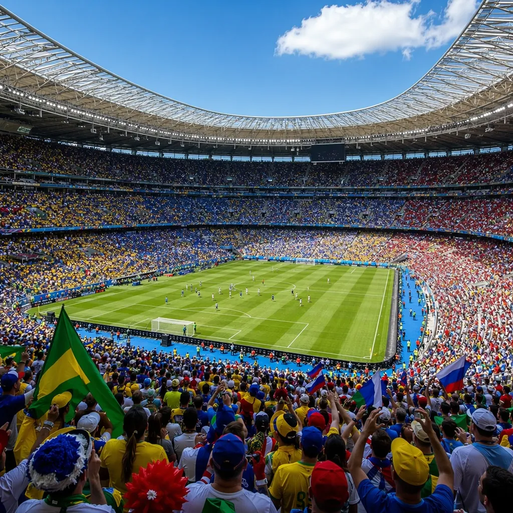 Wide shot of a packed World Cup stadium during a group stage match, vibrant fan