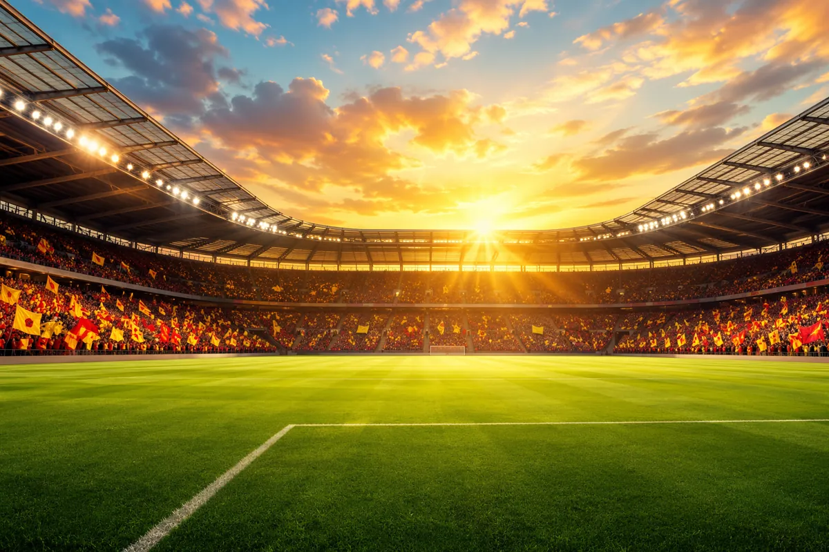 A vibrant football stadium interior with empty green pitch, warm golden sunset light shini