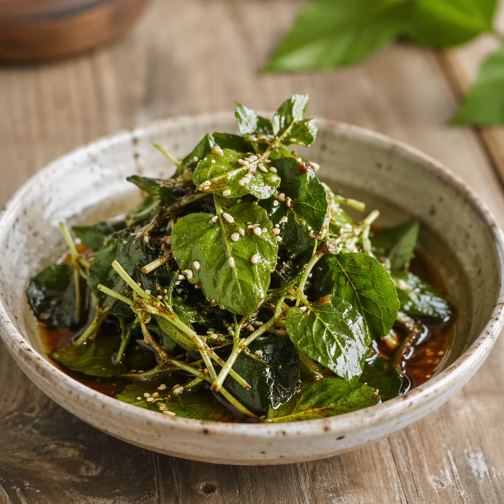 A bowl of traditional Chinese cold dish with fresh houttuynia cordata placed on