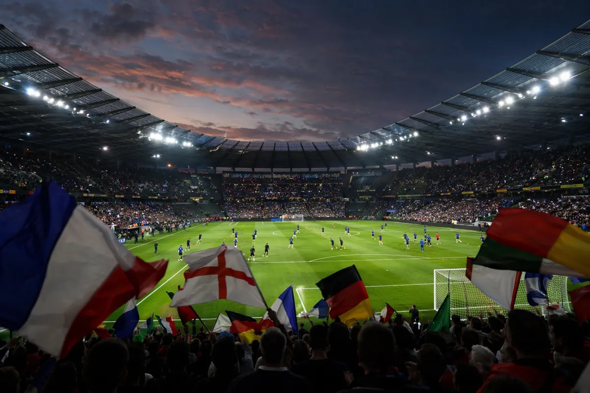 Wide shot of a modern professional football stadium at dusk, bright floodlights illuminati