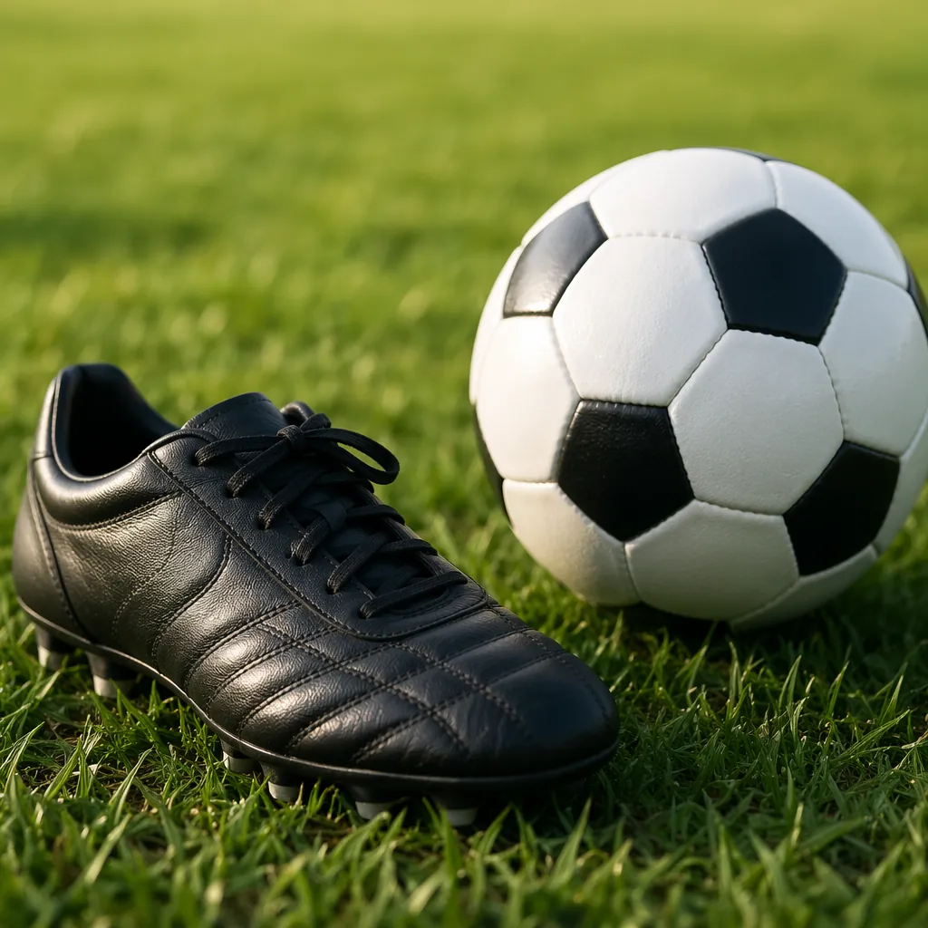Close-up shot of a leather football boot and a match ball placed on lush green g