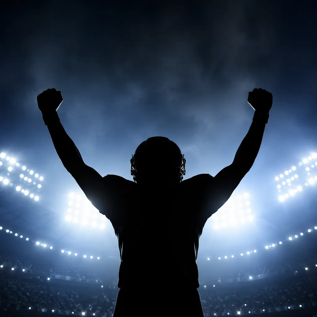 Silhouette of a football player raising his arms in celebration against the back