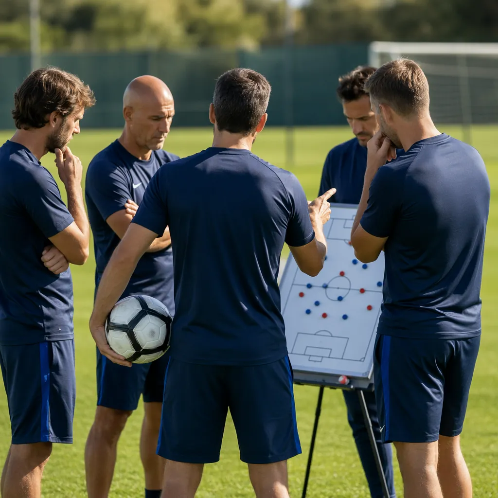 Group of football coaching staff discussing tactics on a sunlit training pitch,