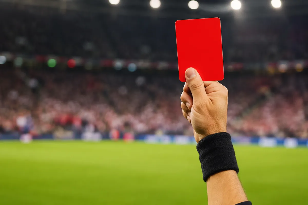A professional editorial news header image showing a close-up of a red card held by a refe