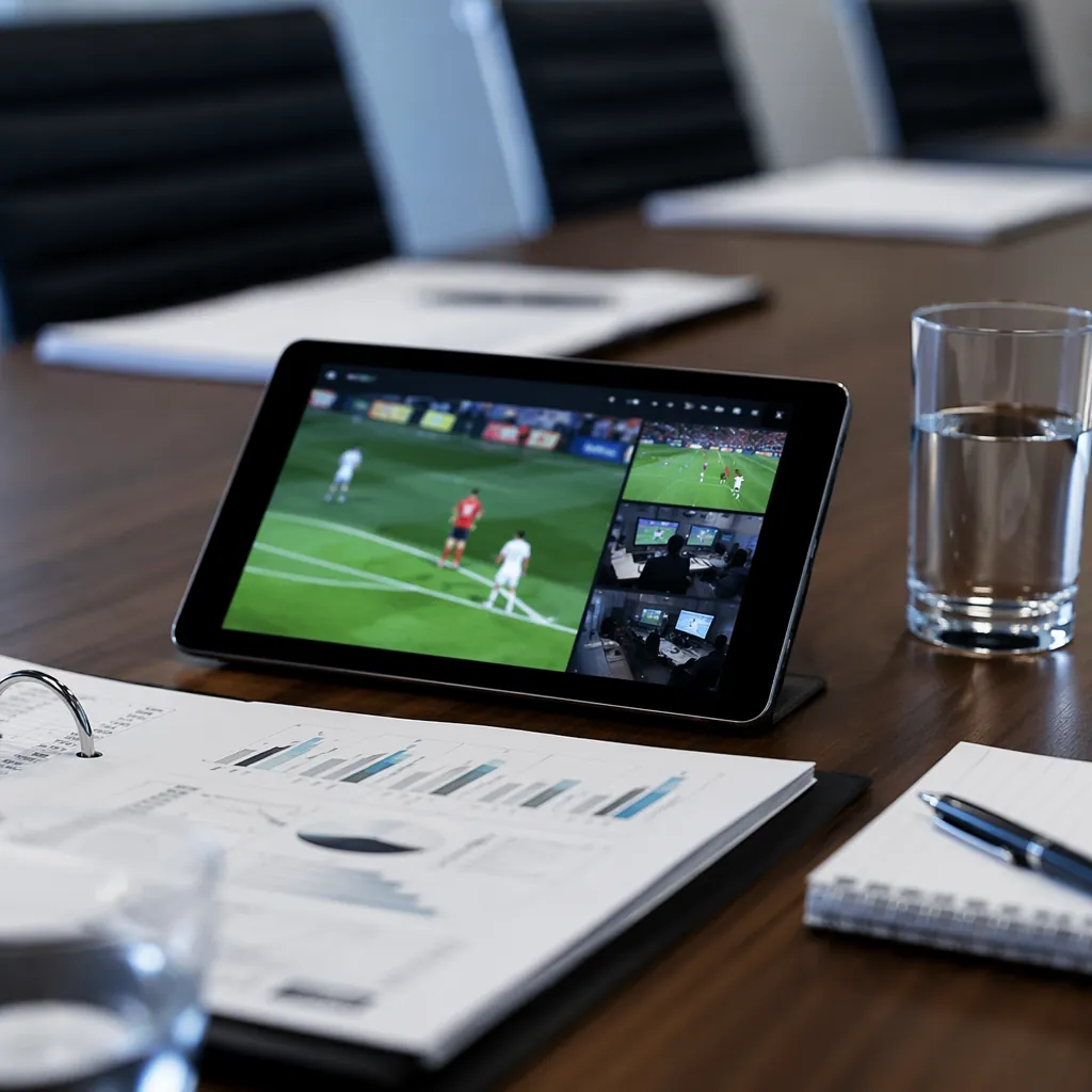 A close-up of a generic conference room table with documents and a tablet showin