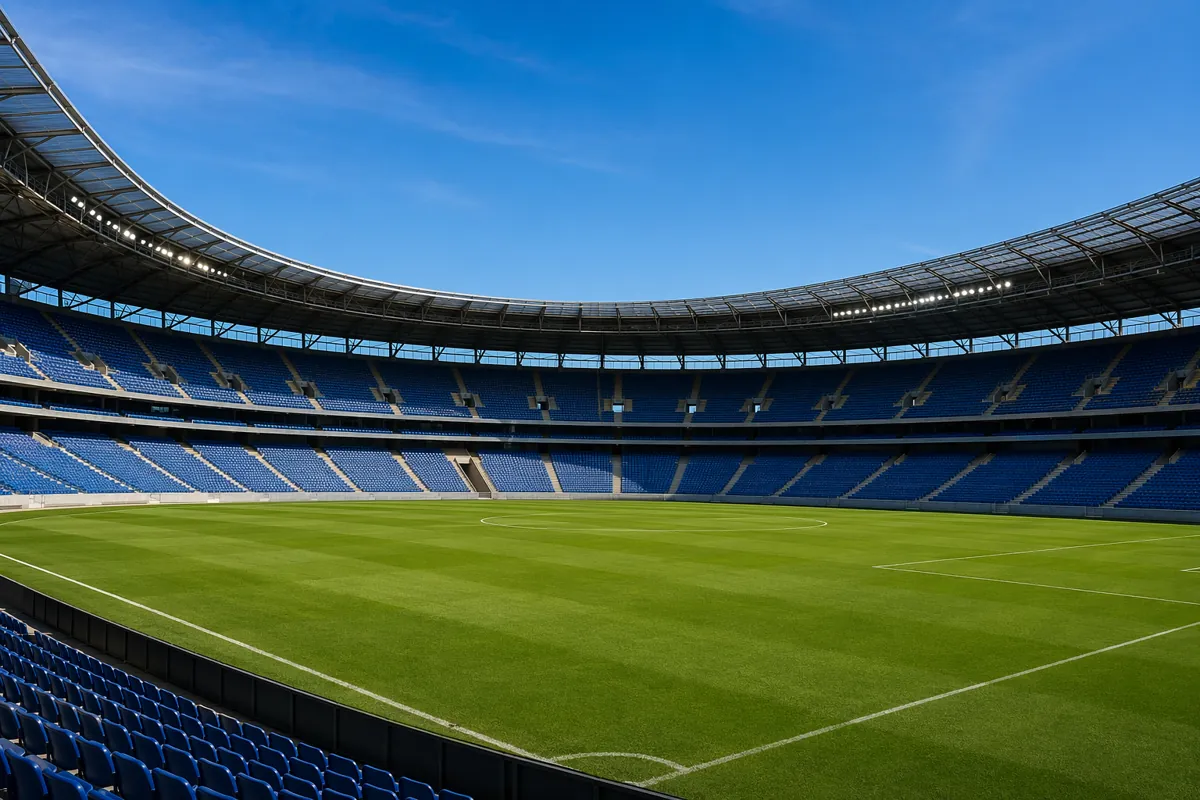 Wide shot of a sunlit professional soccer stadium during daytime, rows of empty seats, wel
