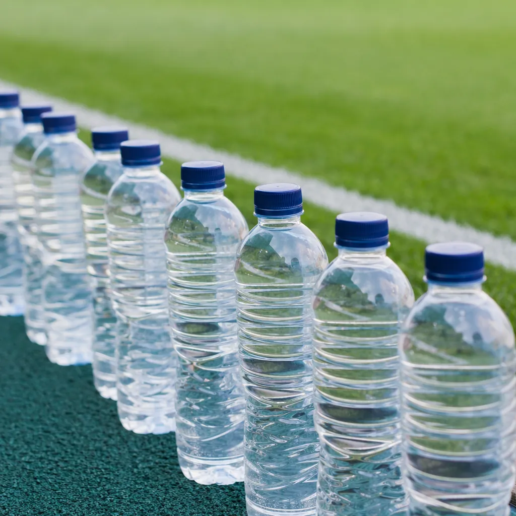 Close up of unbranded water bottles lined up along the edge of a soccer pitch, g