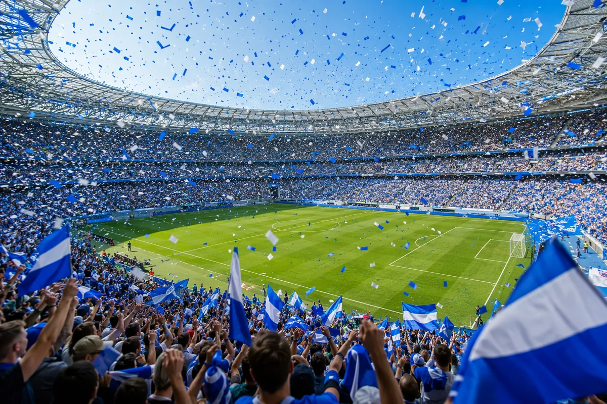 Wide shot of a packed football stadium during a World Cup match, blue and white confetti f