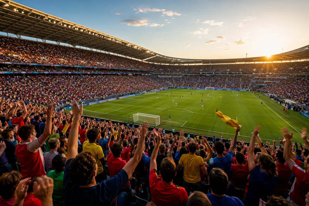Editorial news header image, wide shot of a modern large football stadium at golden hour,