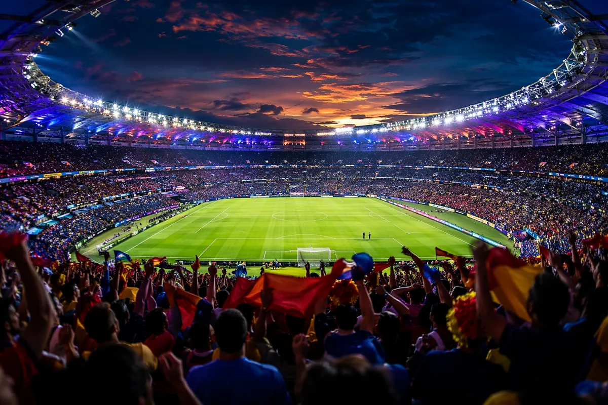 Wide shot of a modern football stadium at dusk, with colorful floodlights illuminating the