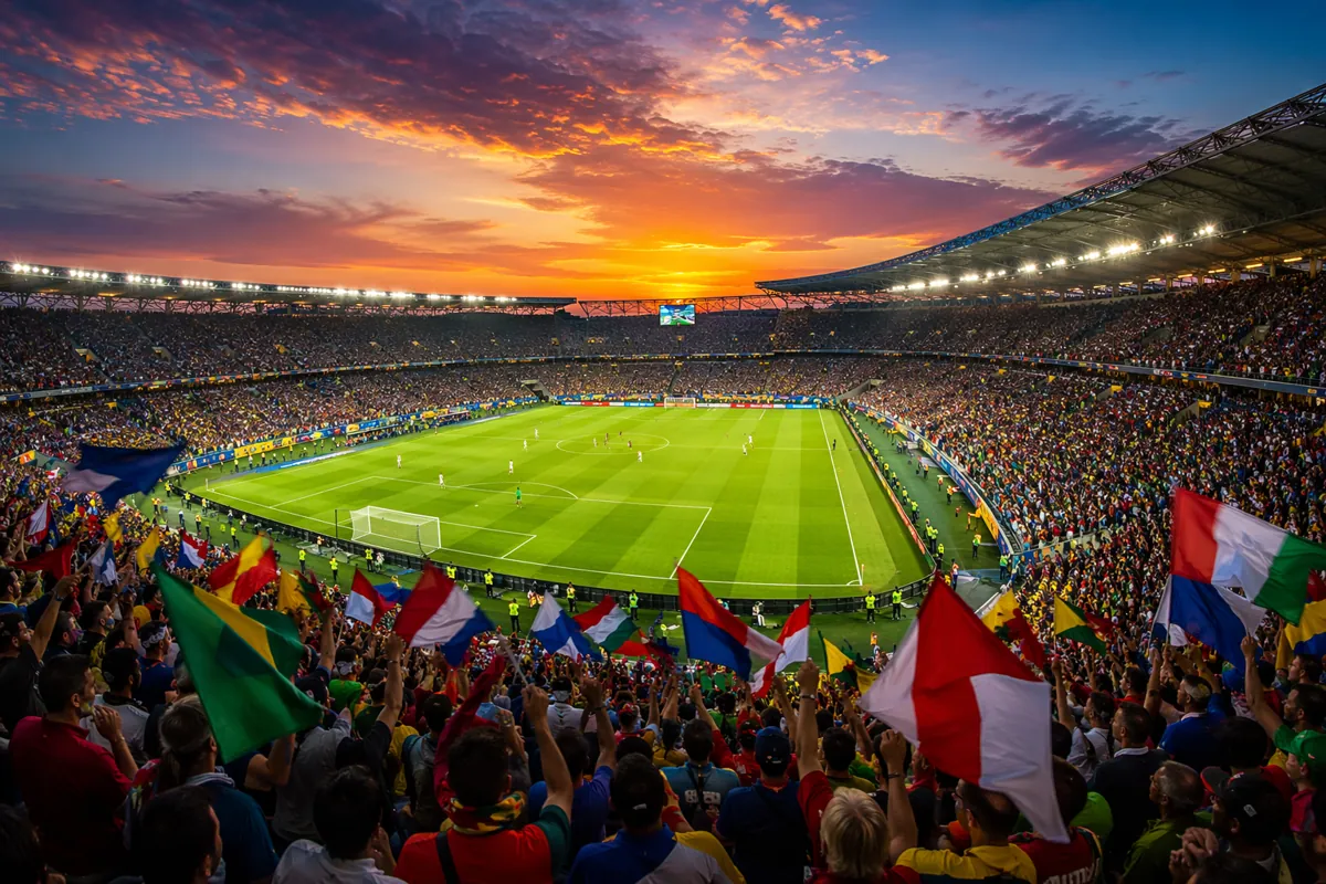 Panoramic view of a packed World Cup stadium at sunset, with colorful fan flags waving, br