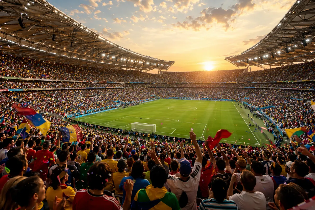 Wide shot of a modern FIFA World Cup football stadium at dusk, packed with cheering fans w