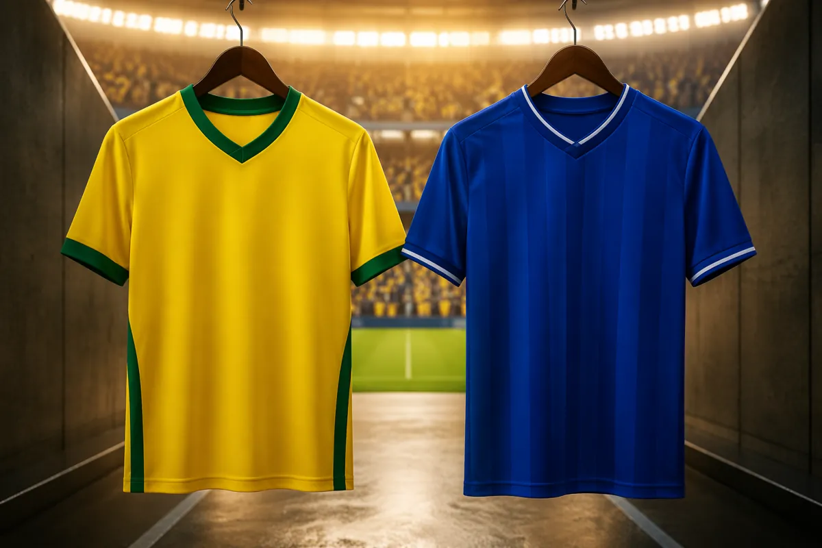 Two generic national football team jerseys representing traditional South American and Eur
