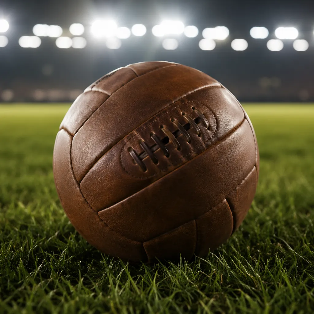 Close up of a traditional leather football resting on well-maintained green gras