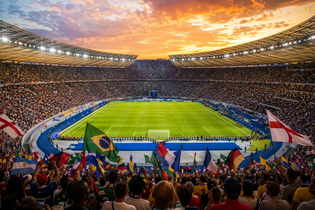 Wide shot of a packed world cup football stadium at sunset, with fans waving national flag