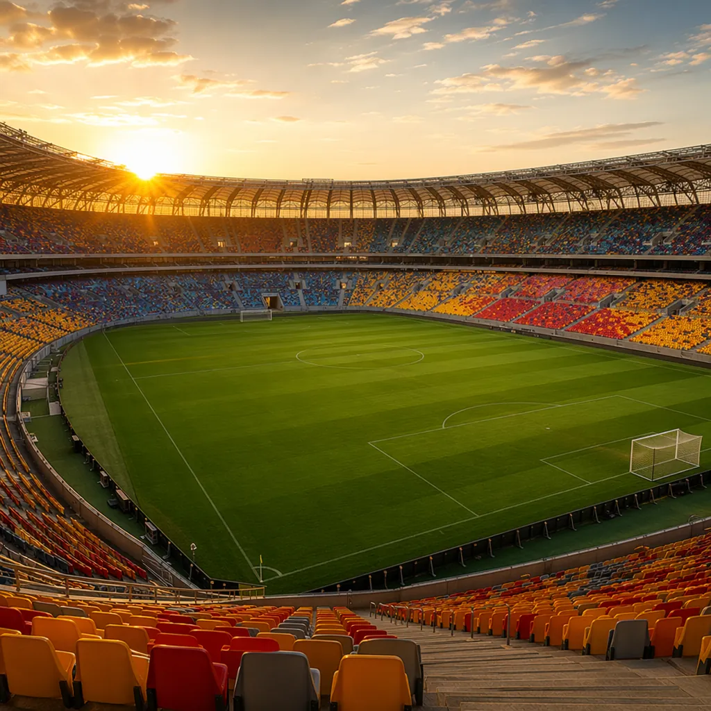Wide shot of a modern world cup football stadium during golden hour, empty green