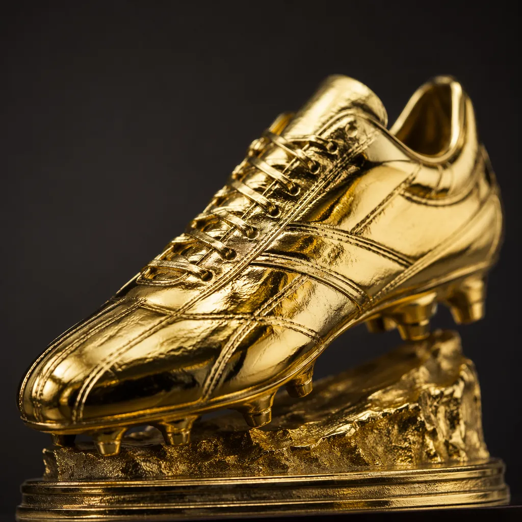 Close up of a golden football boot trophy on a dark matte background, soft studi