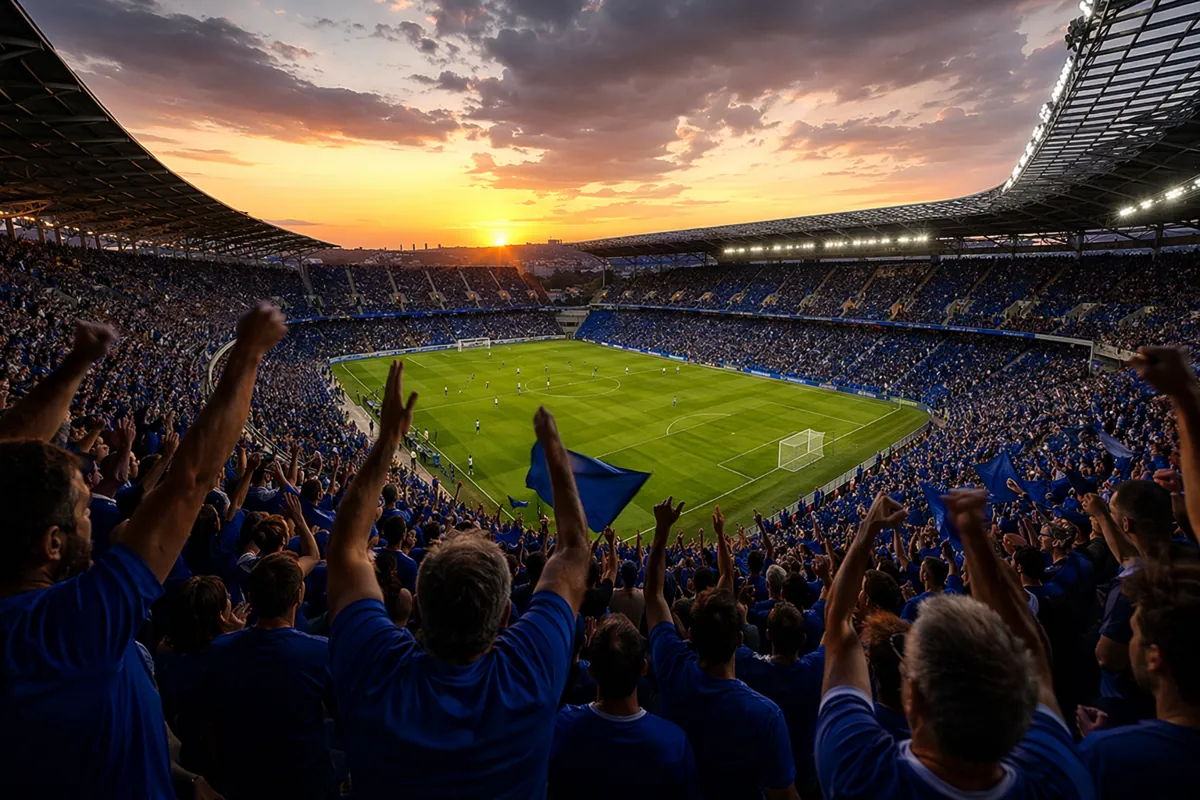 Wide shot of a generic football stadium at dusk, filled with cheering fans wearing blue je