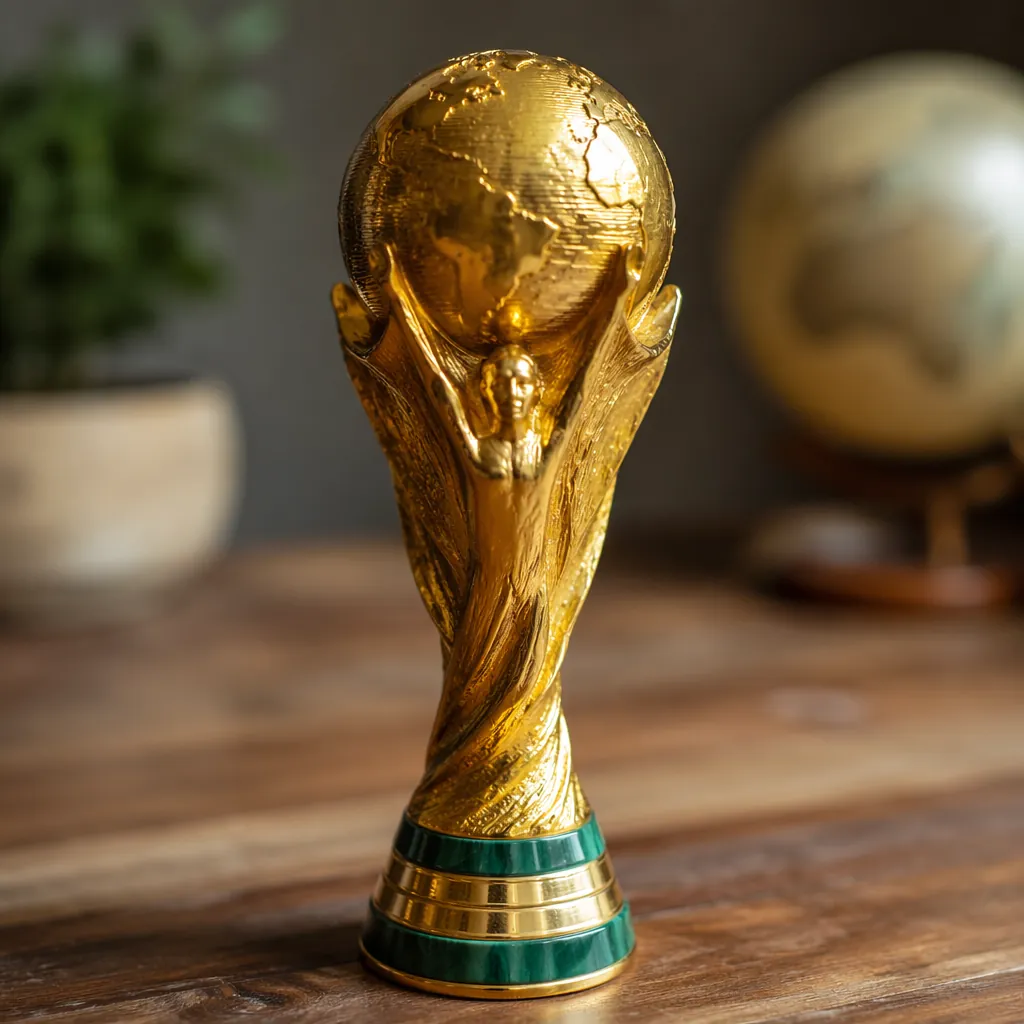 Close up of a vintage world cup trophy replica on a wooden table, soft natural l