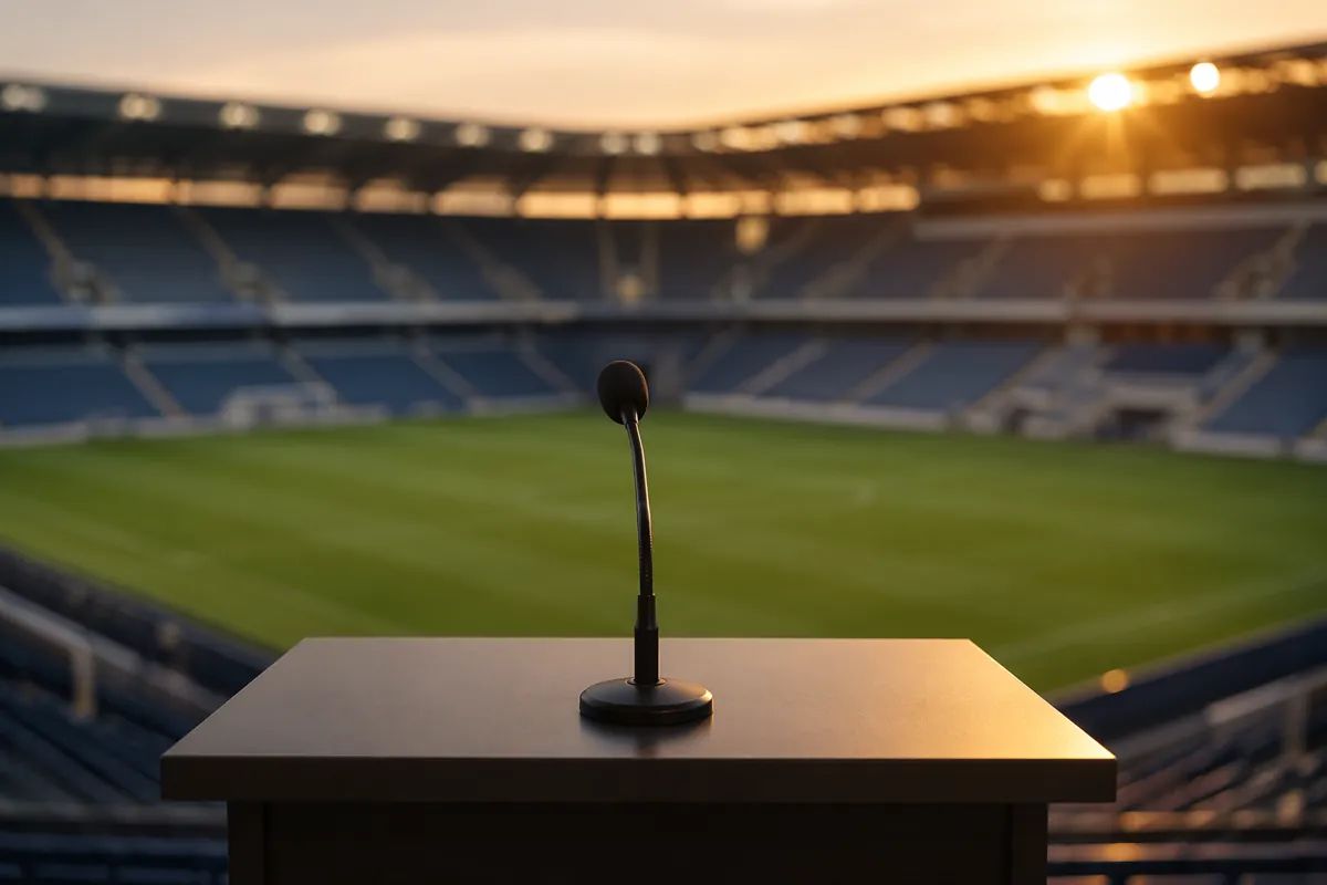 Professional football press conference scene, empty podium with microphone, blurred footba
