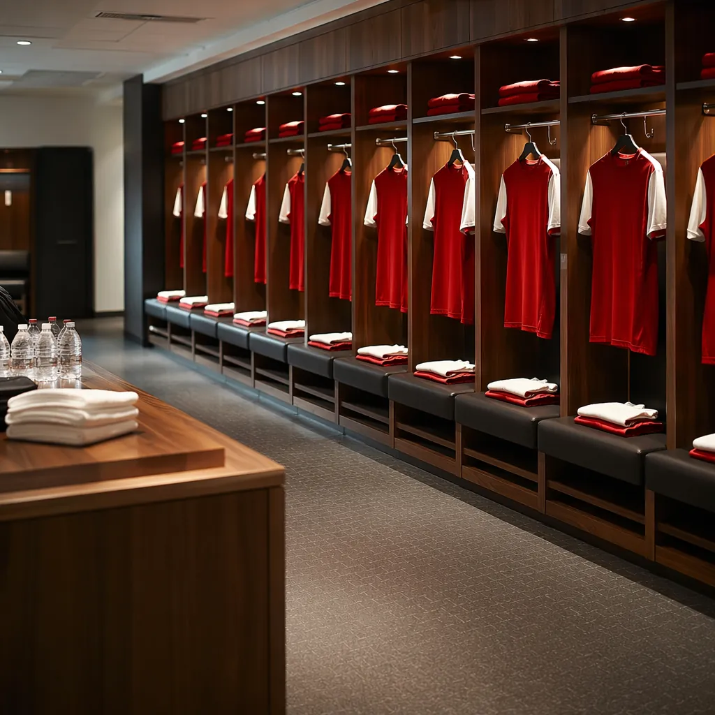 Empty football national team dressing room, generic football jerseys hanging on