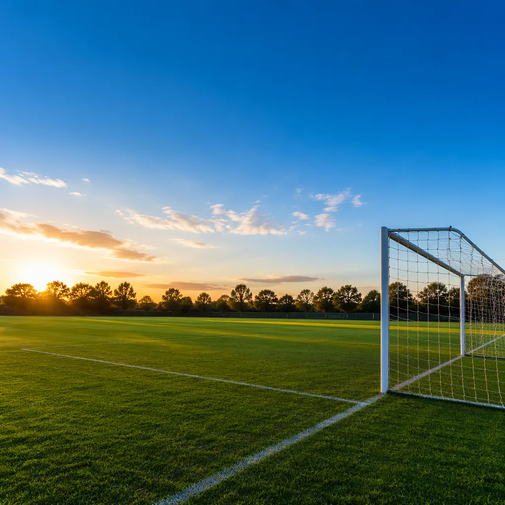 Wide shot of empty green football pitch at golden hour, goal post in frame, clea