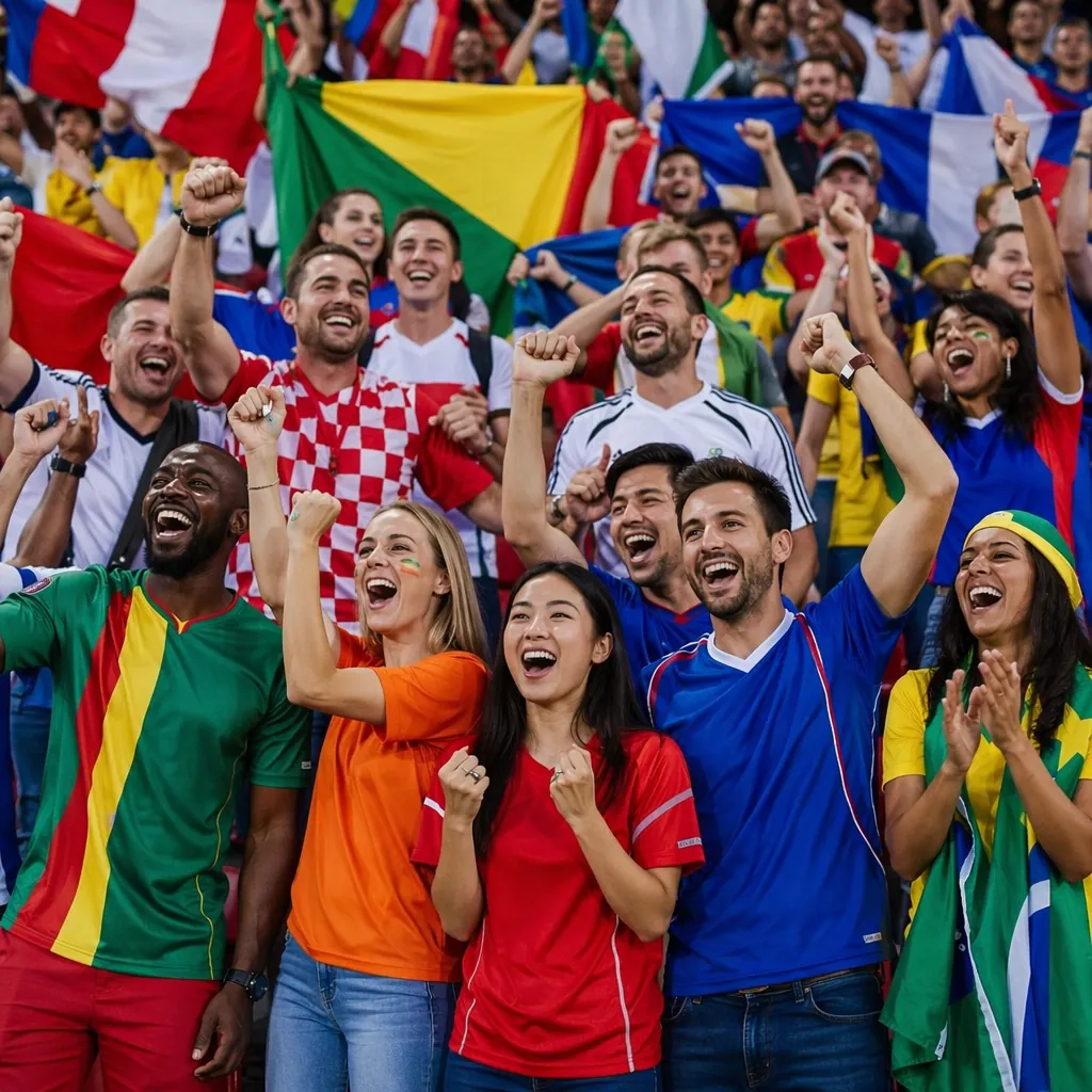 Wide shot of diverse football fans cheering in stadium stands, wearing generic n