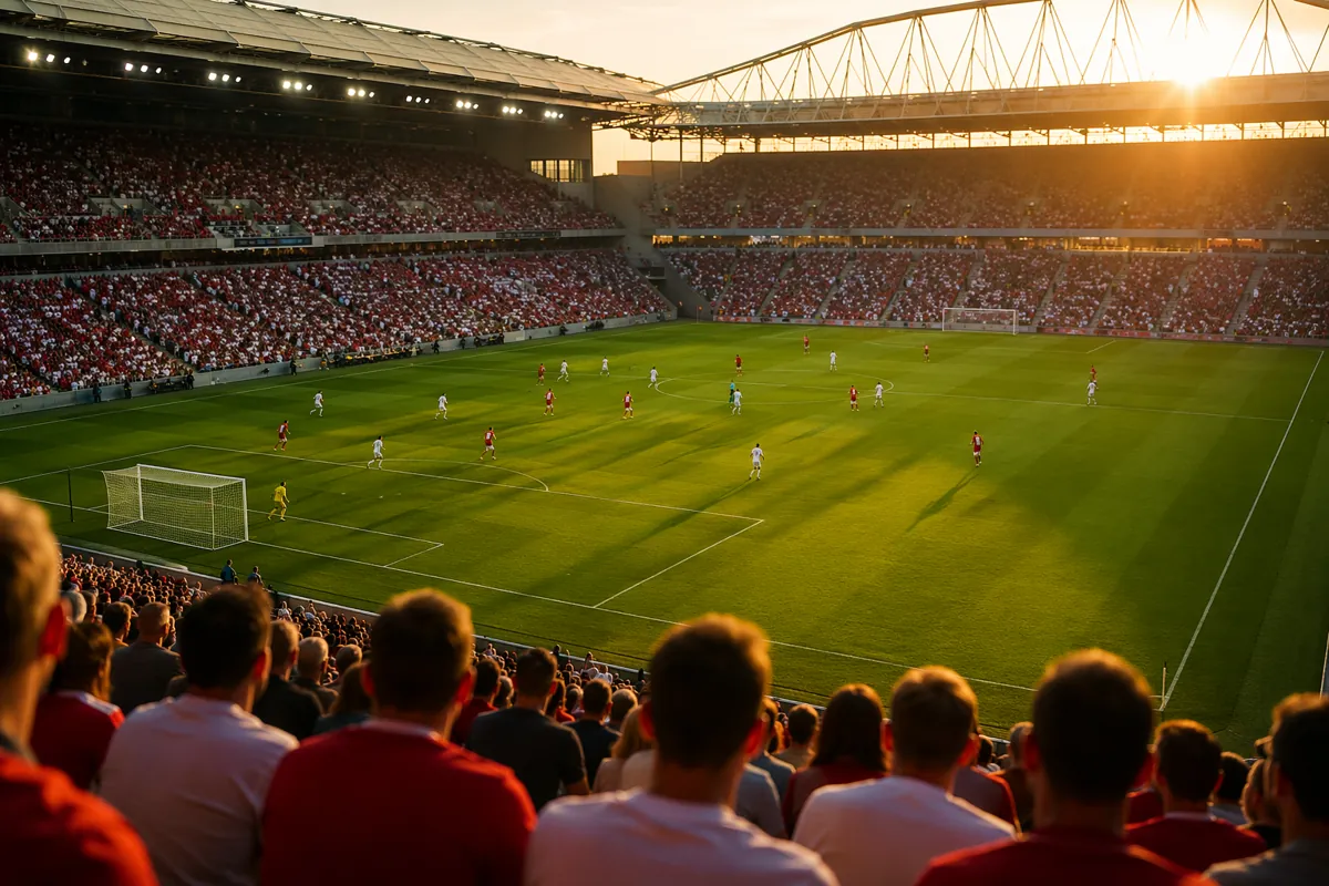 Wide shot of a professional football stadium during a friendly match, vibrant green pitch,