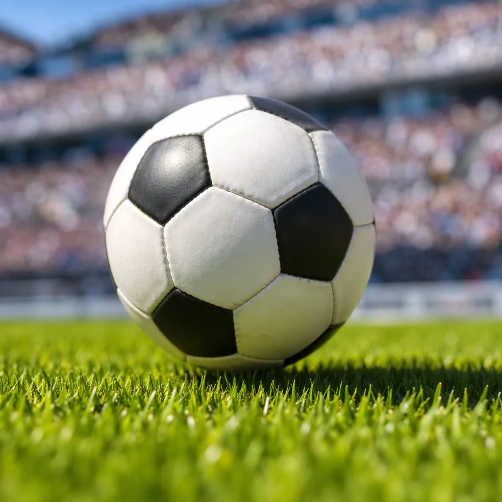 Close up shot of a football rolling on green grass pitch, blurred background of