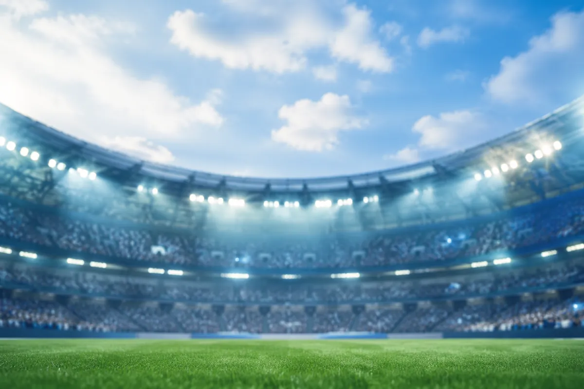 Editorial sports news header image, wide shot of blurred modern football stadium with worl