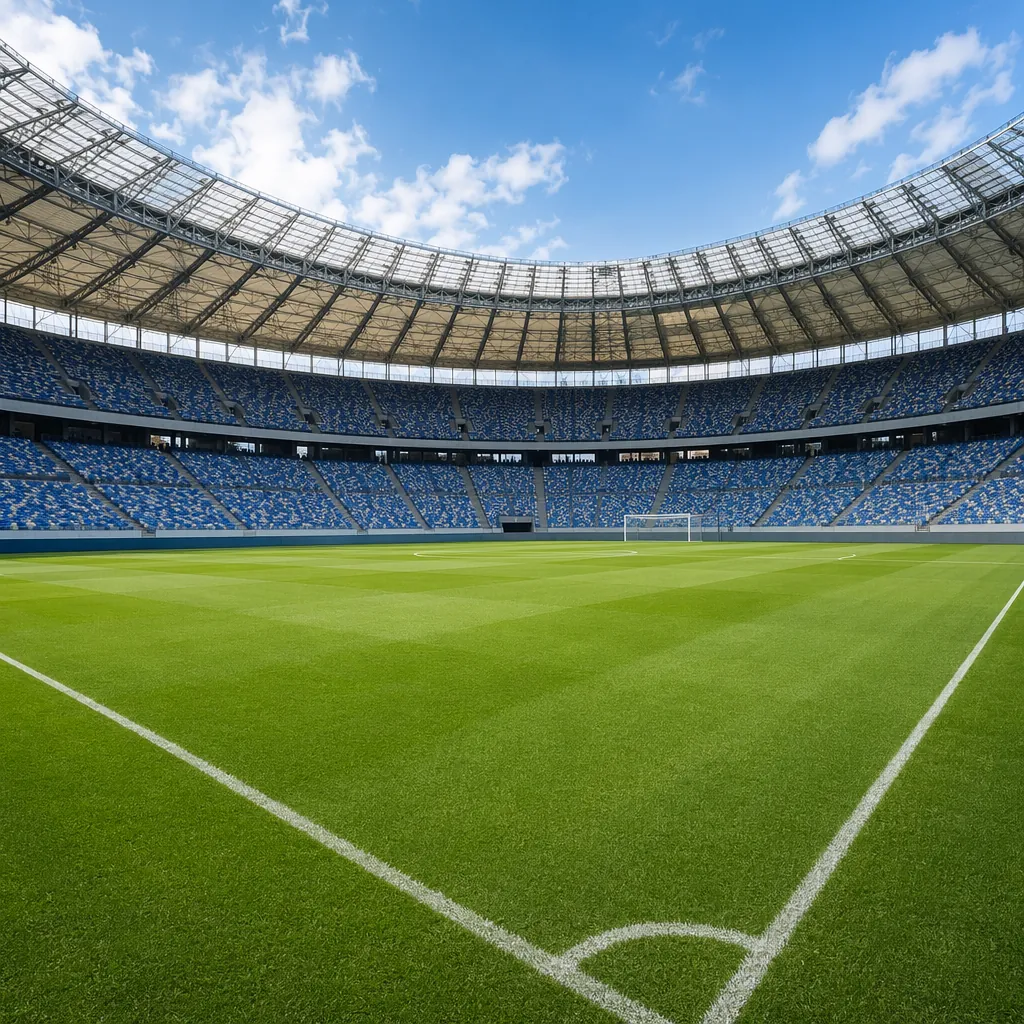 Wide shot of empty world cup group stage football stadium, green pitch, bright d