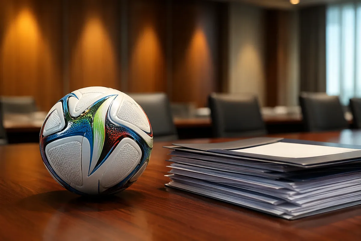 Official FIFA standard football placed on a polished wooden desk next to stacked official