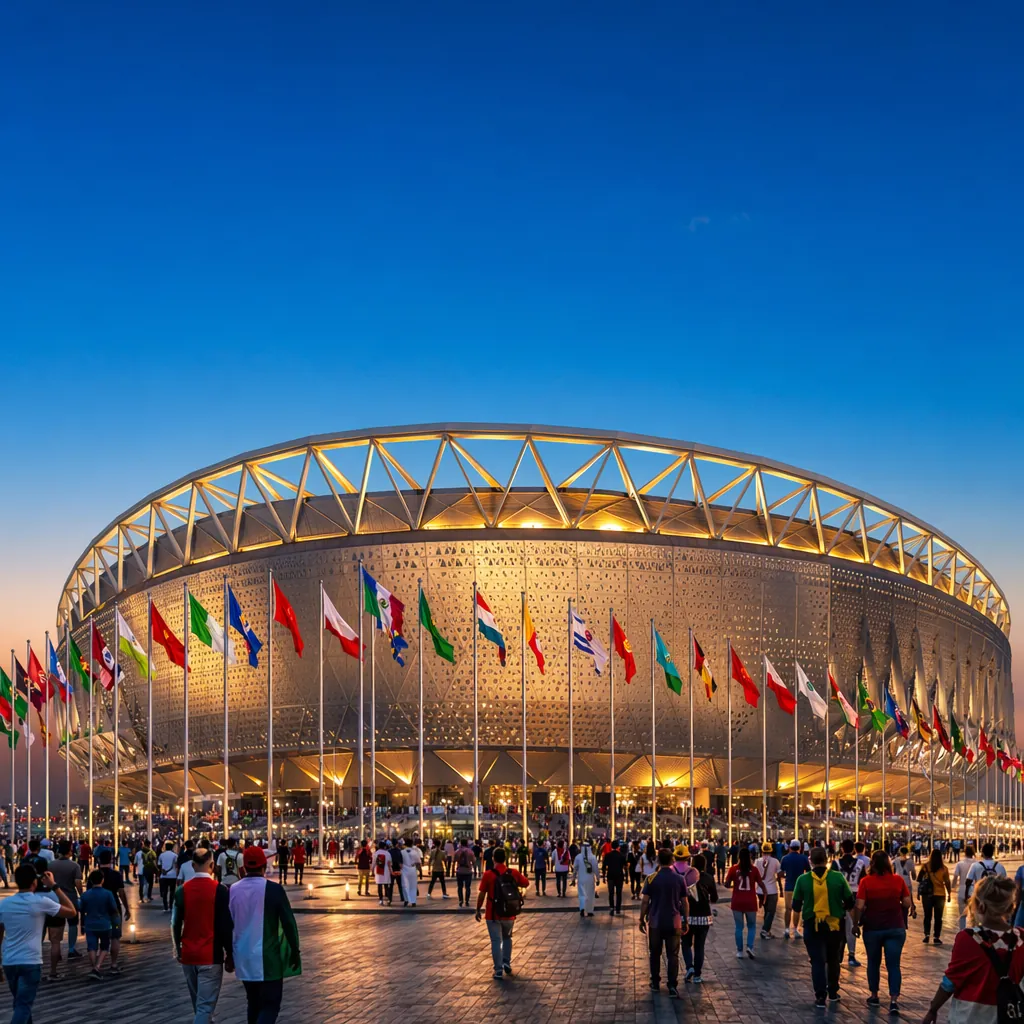 Wide shot of a modern World Cup stadium exterior at dusk, with colorful neutral