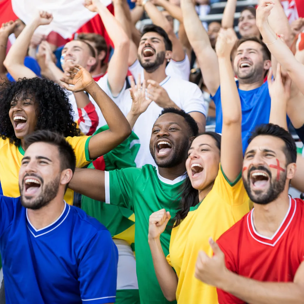 Group of diverse international football fans wearing generic unbranded jerseys c