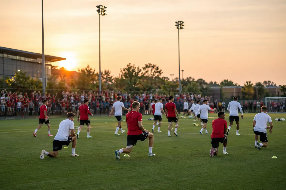 Wide shot of a professional football training ground at dusk, players in generic red and w