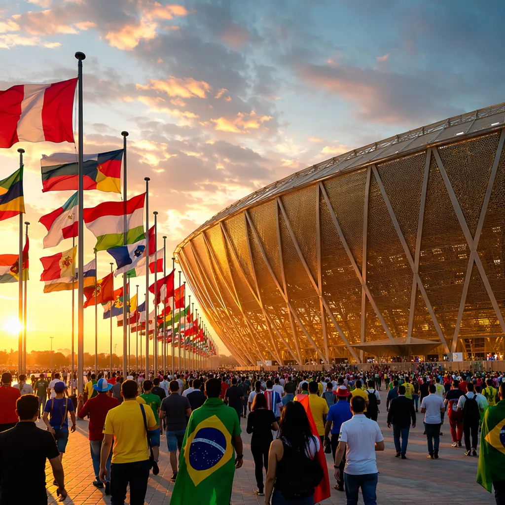 Wide shot of a modern World Cup stadium exterior at sunset, colorful national fl