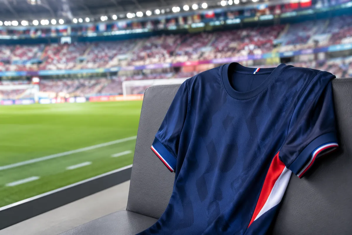 Editorial news header photo of a generic football jersey placed on a bench in a modern wor