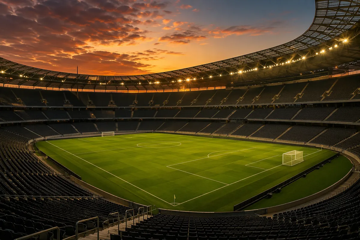 Wide shot of a modern professional football stadium at dusk, green pitch under warm golden