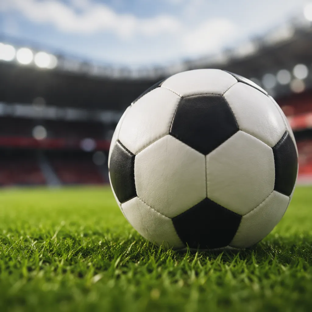 Close up of a generic black and white football resting on green grass, blurred s