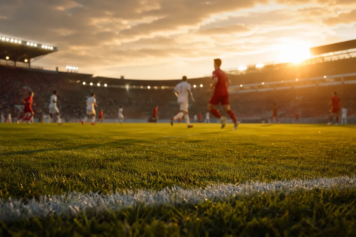 Wide shot of a generic football pitch during golden hour, with blurred players in red and