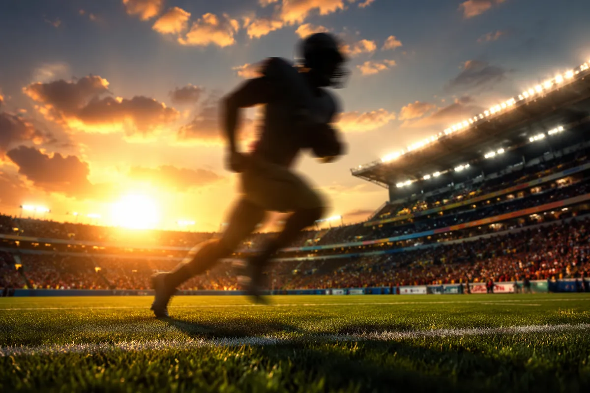 Professional sports news header image, blurred silhouette of a football player running on